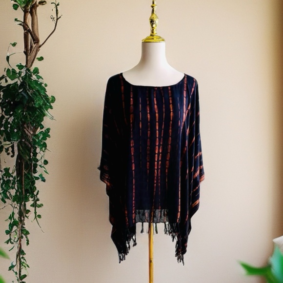 0106/ Black Brown Poncho, Swim Cover up,  Loose Tunic - Picture 5 of 9